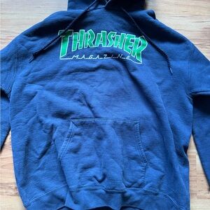 Thrasher Navy Pullover Hoodie with Bright Green Logo